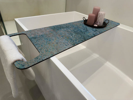 Mosaik Blau-türkis, Badewannenablage Alu-Verbund 6mm - duschrückwand-platten.de