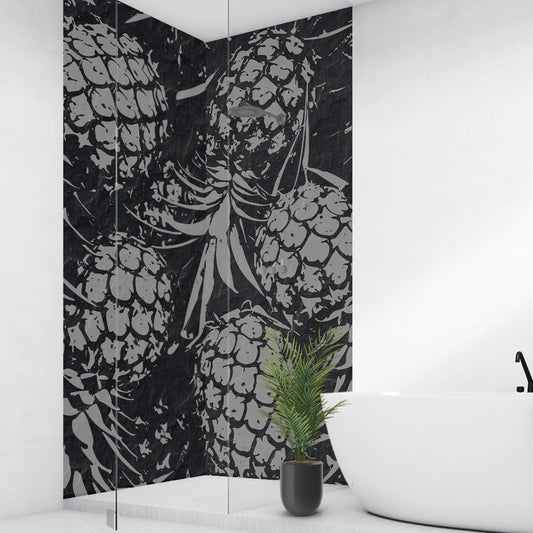 Ananas auf Schiefer Steinplatte über Eck Set, fugenlose Wandpaneele aus Alu-Verbund 3mm, Duschrückwand - duschrückwand-platten.de