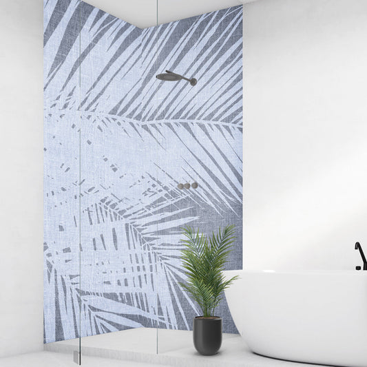 Palmen Vintage blau über Eck Set, fugenlose Wandpaneele aus Alu-Verbund 3mm, Duschrückwand - duschrückwand-platten.de
