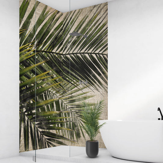 Palmen Vintage über Eck Set, fugenlose Wandpaneele aus Alu-Verbund 3mm, Duschrückwand - duschrückwand-platten.de