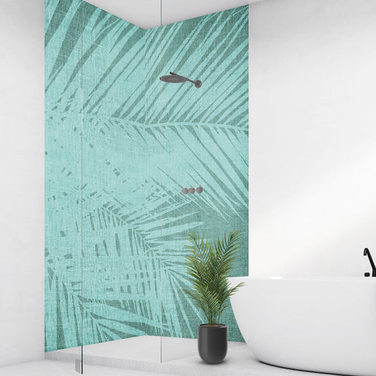 Palmen Vintage grünweiss über Eck Set, fugenlose Wandpaneele aus Alu-Verbund 3mm, Duschrückwand - duschrückwand-platten.de