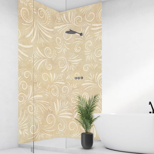 Kalkstein Floral über Eck Set, fugenlose Wandpaneele aus Alu-Verbund 3mm, Duschrückwand - duschrückwand-platten.de